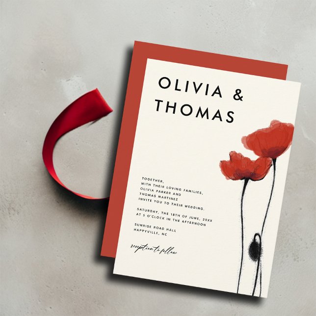 Convites Casamento Elegante Russo Moderno de Poppies Vermel (red poppies poppy wildflowers wedding invitation modern elegant romantic simple bohemian summer)
