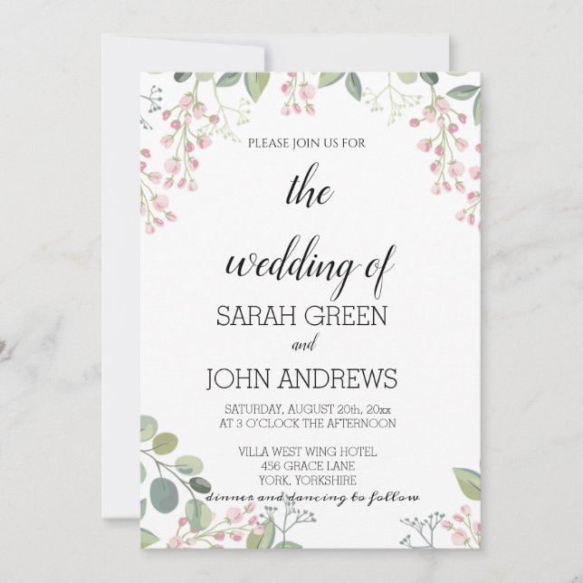 Convites Casamento Elegante Rustic Greenery Watercolor (Frente)