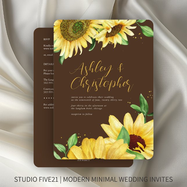 Convites Casamento Elegante Rustic Sunflower Brown All-in-O (Criador carregado)