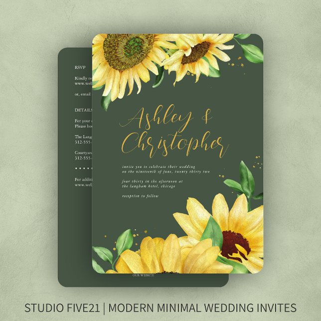 Convites Casamento Elegante Rustic Sunflower Green All-in-O (Criador carregado)