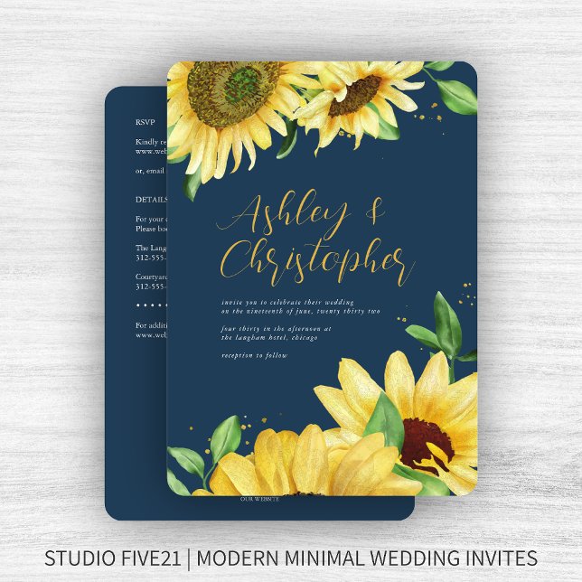 Convites Casamento Elegante Rustic Sunflower Marinho All-in (Criador carregado)
