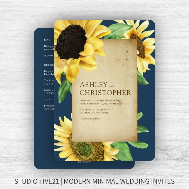 Convites Casamento Elegante Rustic Sunflower Marinho All-in (Criador carregado)
