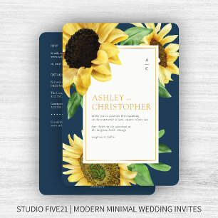 Convites Casamento Elegante Rustic Sunflower Marinho All-in