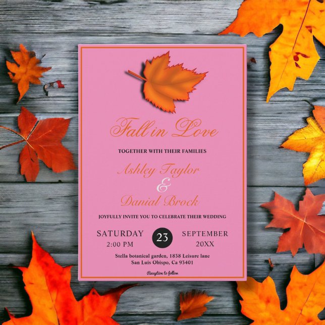 Convites Casamento Elegante Rústico de Outono Folhas Rosa (Criador carregado)