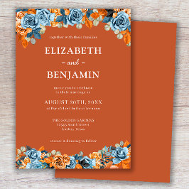 Convites Casamento Elegante Rústico Floral Azul Terracota