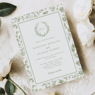 Convites Casamento Elegante Sage Green Crest Chinoiserie