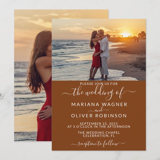 Convites Casamento Elegante Script Boho Marrom Foto (Frente/Verso)