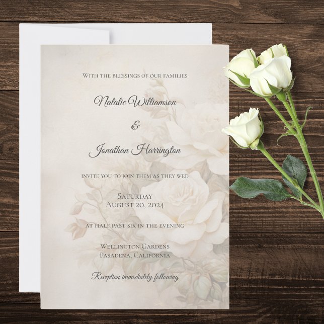 Convites Casamento Elegante Silhueta Rosa Marfim Vintage  (Criador carregado)