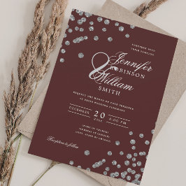 Convites Casamento Elegante Silver Confetti QR Burgundy