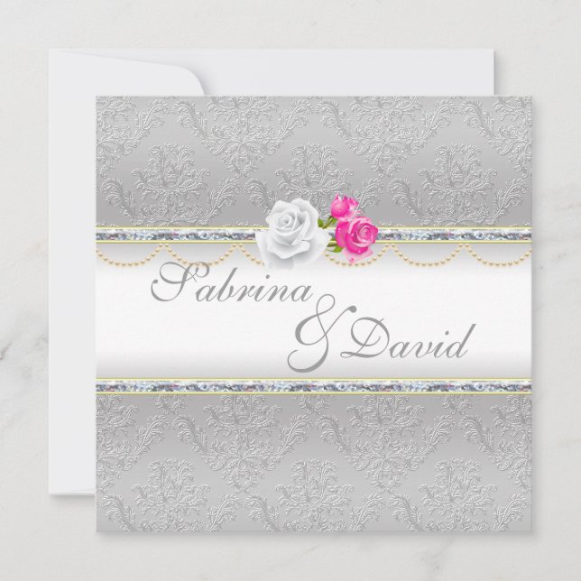 Convites Casamento Elegante Silver Damask e Rosa Rosa Rosa (Frente)