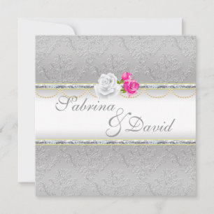 Convites Casamento Elegante Silver Damask e Rosa Rosa Rosa
