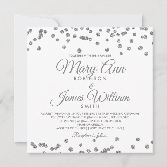 Convites Casamento Elegante Silver Faux Glitter Confetti (Frente)