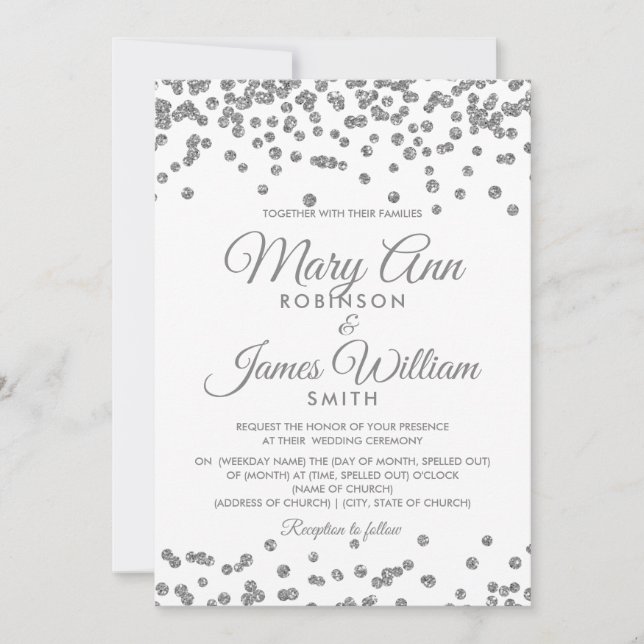 Convites Casamento Elegante Silver Faux Glitter Confetti (Frente)