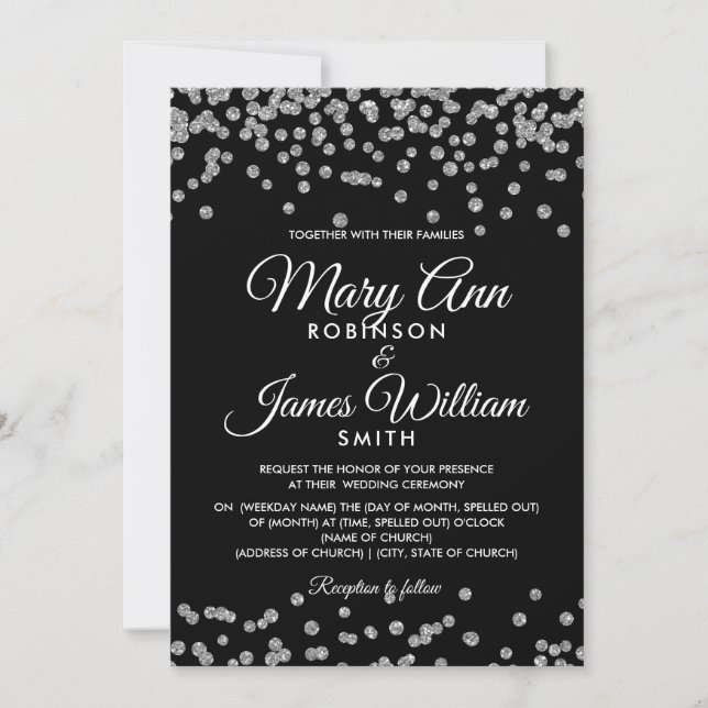 Convites Casamento Elegante Silver Faux Glitter Confetti Pr (Frente)