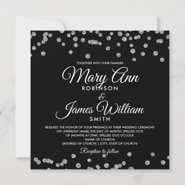 Convites Casamento Elegante Silver Faux Glitter Confetti Pr (Frente)