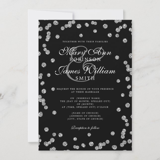 Convites Casamento Elegante Silver Glitter Confetti Preto (Frente)