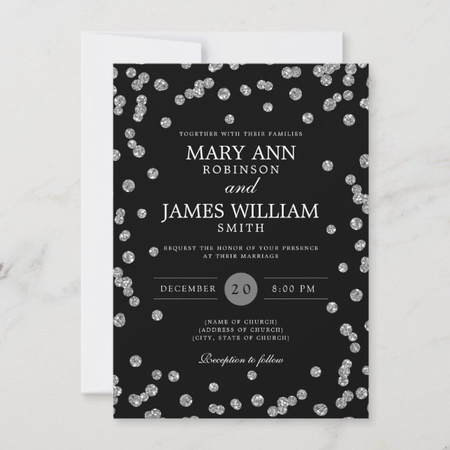 Convites Casamento Elegante Silver Glitter Confetti Preto (Frente)
