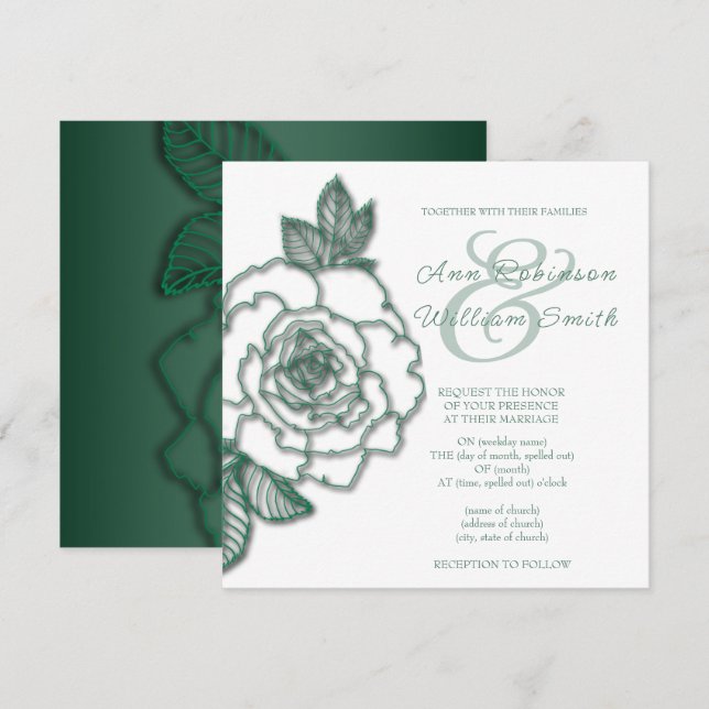 Convites Casamento Elegante Silver Verde Emerald (Frente/Verso)