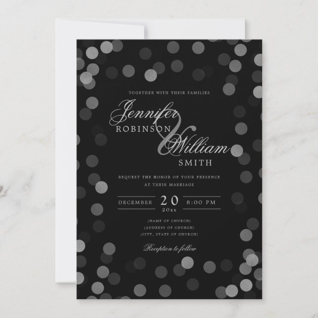 Convites Casamento Elegante Simples Prata Confetti Preto (Frente)