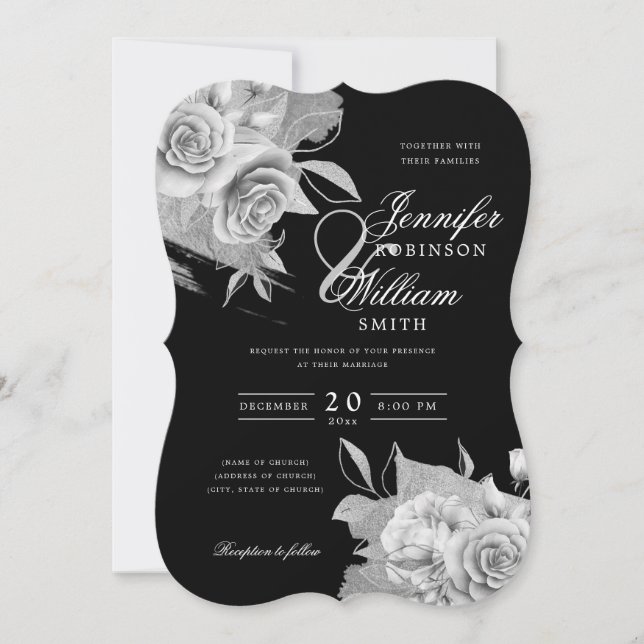 Convites Casamento Elegante Simples Silver Floral & Foil Bl (Frente)