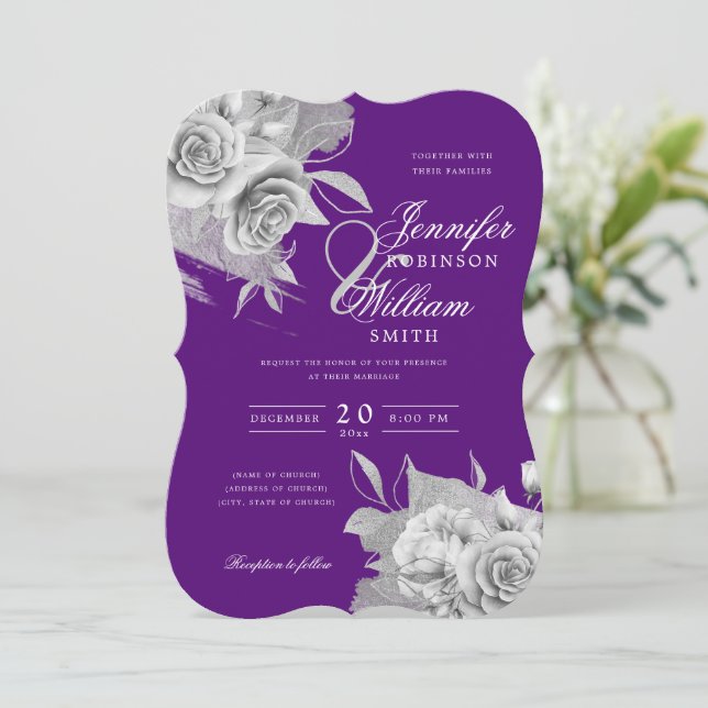 Convites Casamento Elegante Simples Silver Floral & Foil Pu (Em pé/Frente)