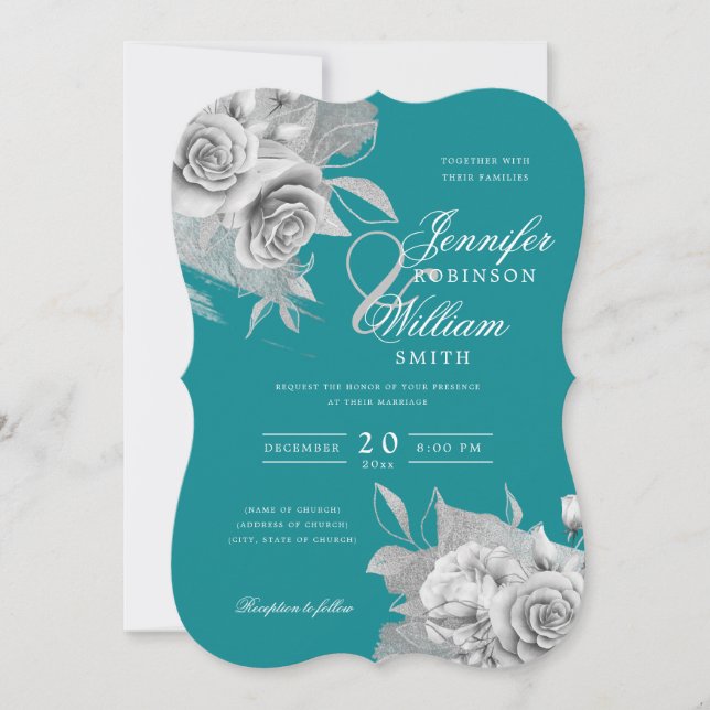 Convites Casamento Elegante Simples Silver Floral & Foil Te (Frente)