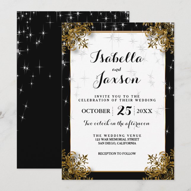 Convites Casamento Elegante sob a Noite Estrelada em Preto  (Frente/Verso)