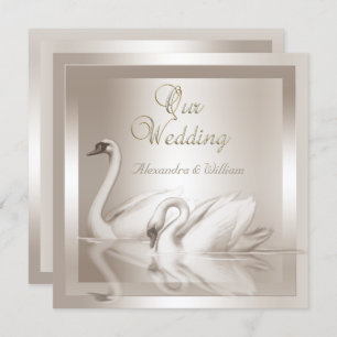 Convites Casamento elegante Swans Damask Cream White