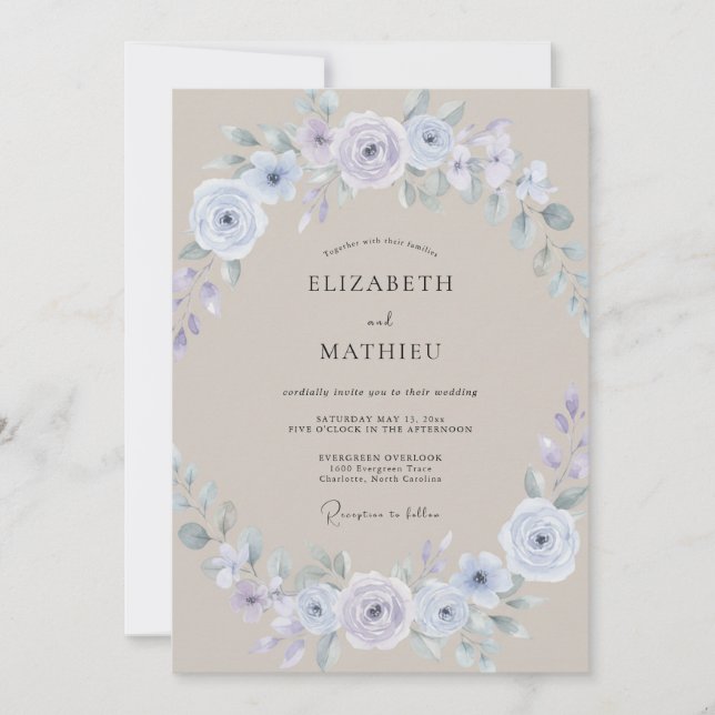 Convites Casamento Elegante Taupe com Pétala de Periwinkle (Frente)