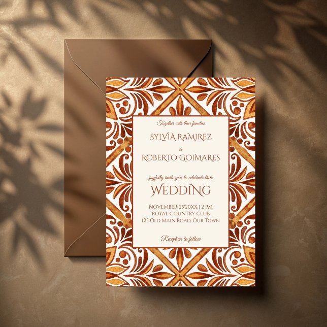Convites Casamento Elegante Terracotta Mexicano Talavera (Terracotta Mexican Talavera wedding Invitation template elegant vintage Talavera wedding invites )