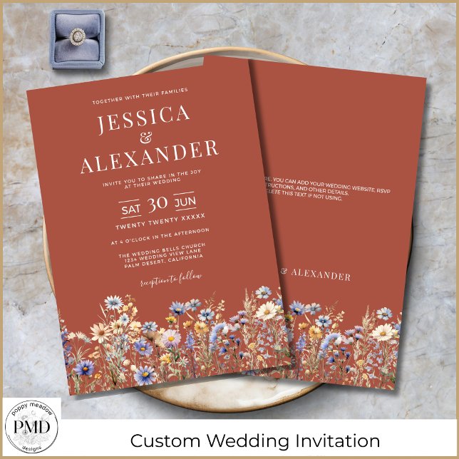 Convites Casamento Elegante Terracotta Watercolor (Elegant Terracotta Wildflowers Wedding Invitation with Dusty Blue Flowers, Details on Back.)
