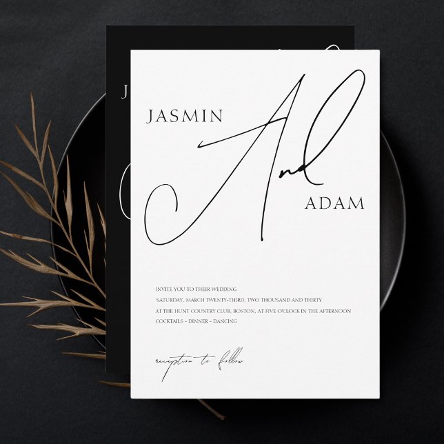 Convites Casamento Elegante Tipografia Script Preto Branco (Criador carregado)