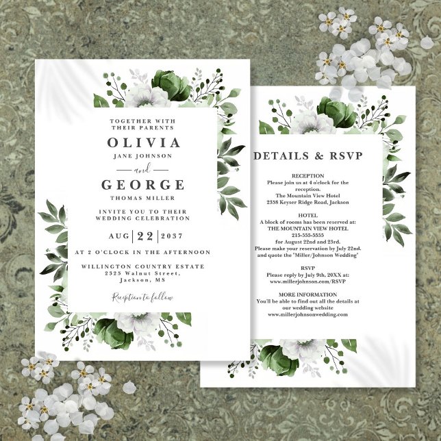 Convites Casamento Elegante Tudo Em Um com Florais Verde Ol (Olive Green Elegant Floral All In One Wedding Invitation)