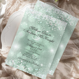 Convites Casamento Elegante Verde Claro com Brilho Prateado