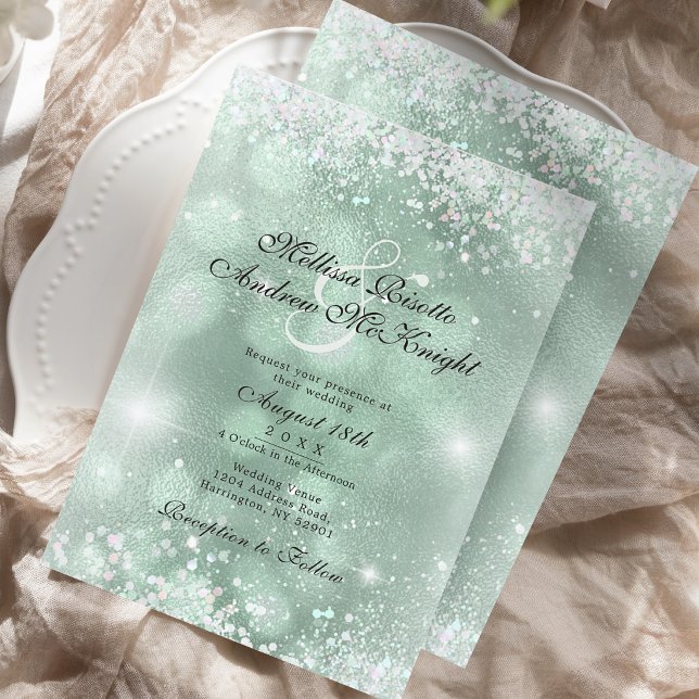 Convites Casamento Elegante Verde Claro com Brilho Prateado (Criador carregado)