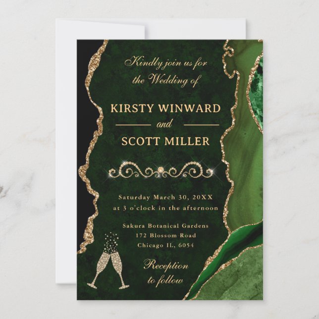 Convites Casamento Elegante Verde Dourado Brilho Ágata (Frente)