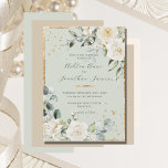 Convites Casamento Elegante Verde Dourado Sage Rosas Branca<br><div class="desc">Belíssimas rosas brancas elegantes e minúsculas margaridas cercadas com uma estrutura rústica de ouro e um verde misto de eucalipto com outras folhas de aquarela convite para casamento. Simplesmente refinado. Ouro esmaecido em frente e atrás para criar uma aparência cônica.</div>
