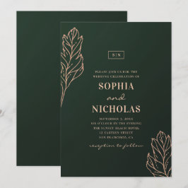 Convites Casamento elegante verde e dourado. Botânica esmer