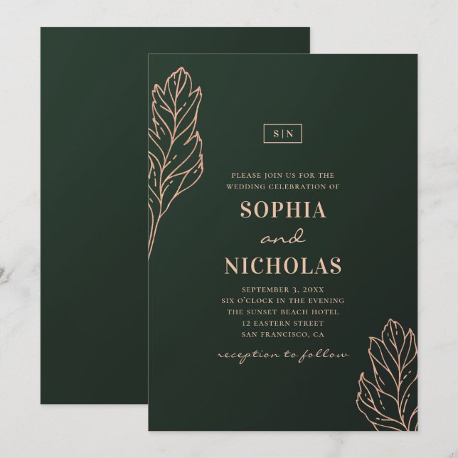 Convites Casamento elegante verde e dourado. Botânica esmer (Frente/Verso)