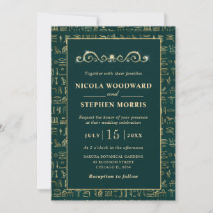 Convites Casamento Elegante Verde e Dourado com Hieróglifos