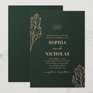 Convites Casamento elegante verde e dourado. Emerald botâni