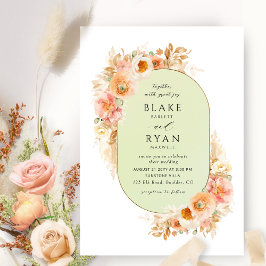 Convites Casamento Elegante Verde, Peach Blush e Cream Oval