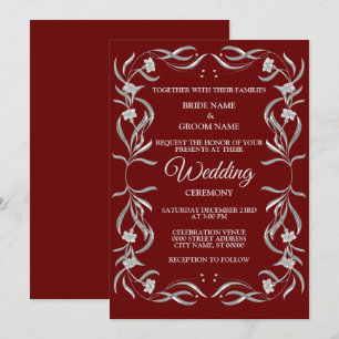Convites Casamento Elegante Vermelho com Padrão Floral Prat