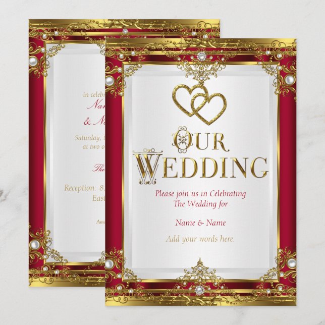 Convites Casamento Elegante Vermelho Dourado Branco Ouro (Frente/Verso)