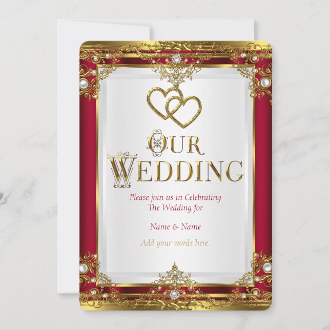 Convites Casamento Elegante Vermelho Dourado Branco Ouro (Frente)