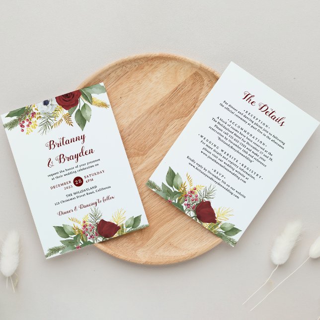 Convites Casamento Elegante Vermelho Dourado Floral Script  (Criador carregado)