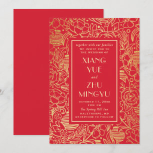 Convites Casamento Elegante vermelho floral asiático. Chinê