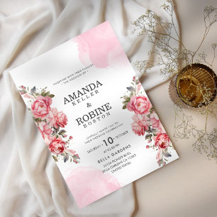 Convites Casamento Elegante Vermelho Rosa de Flor Botânico