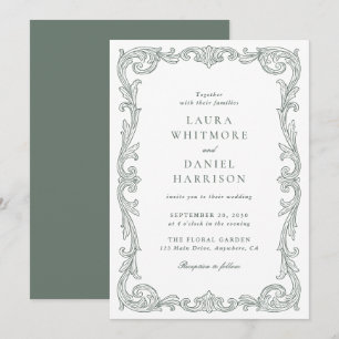 Convites Casamento Elegante Vintage Barroco em Verde Sage