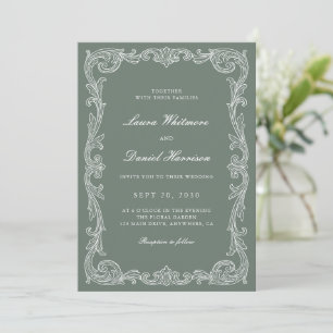 Convites Casamento Elegante Vintage Barroco em Verde Sage